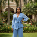 Sky Blue Sheer Sleeve Peplum Suit Set - Front Model View