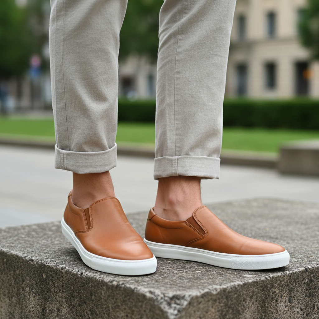 Model wearing tan smooth leather slip-on casual sneakers with metal badge leg shot