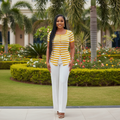 White & Yellow Striped Button-Front Top - Model Front View