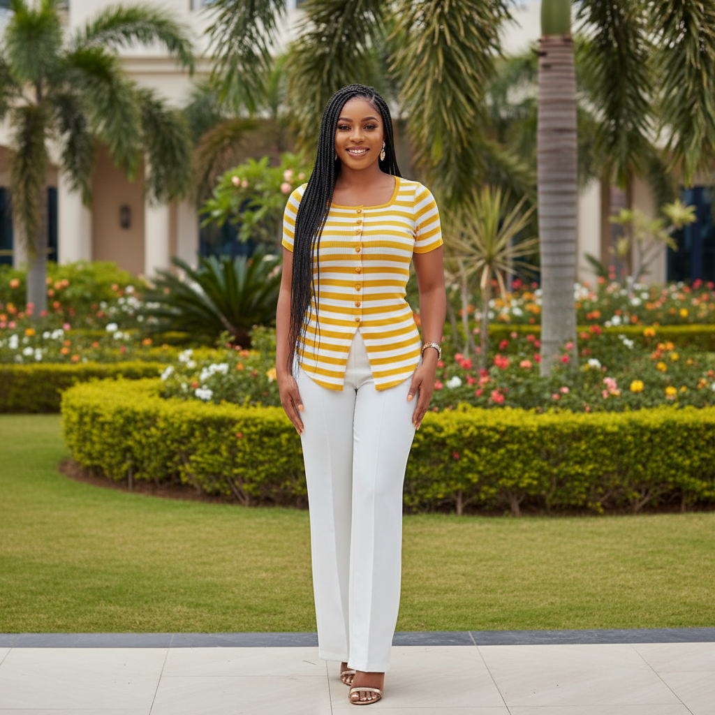 White & Yellow Striped Button-Front Top - Model Front View