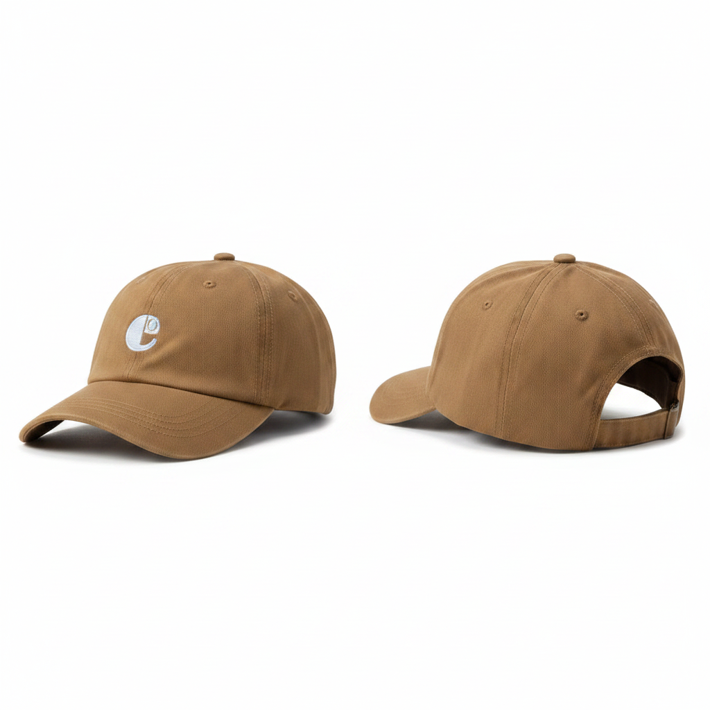 Warm tan khaki dad cap with blue letter E circle patch embroidery ghost mannequin front and rear-side view