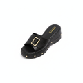 Women's black buckle strap platform wedge slide slipper — ghost mannequin view