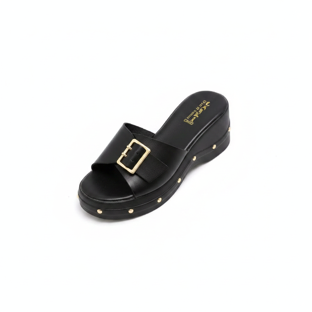 Women's black buckle strap platform wedge slide slipper — ghost mannequin view