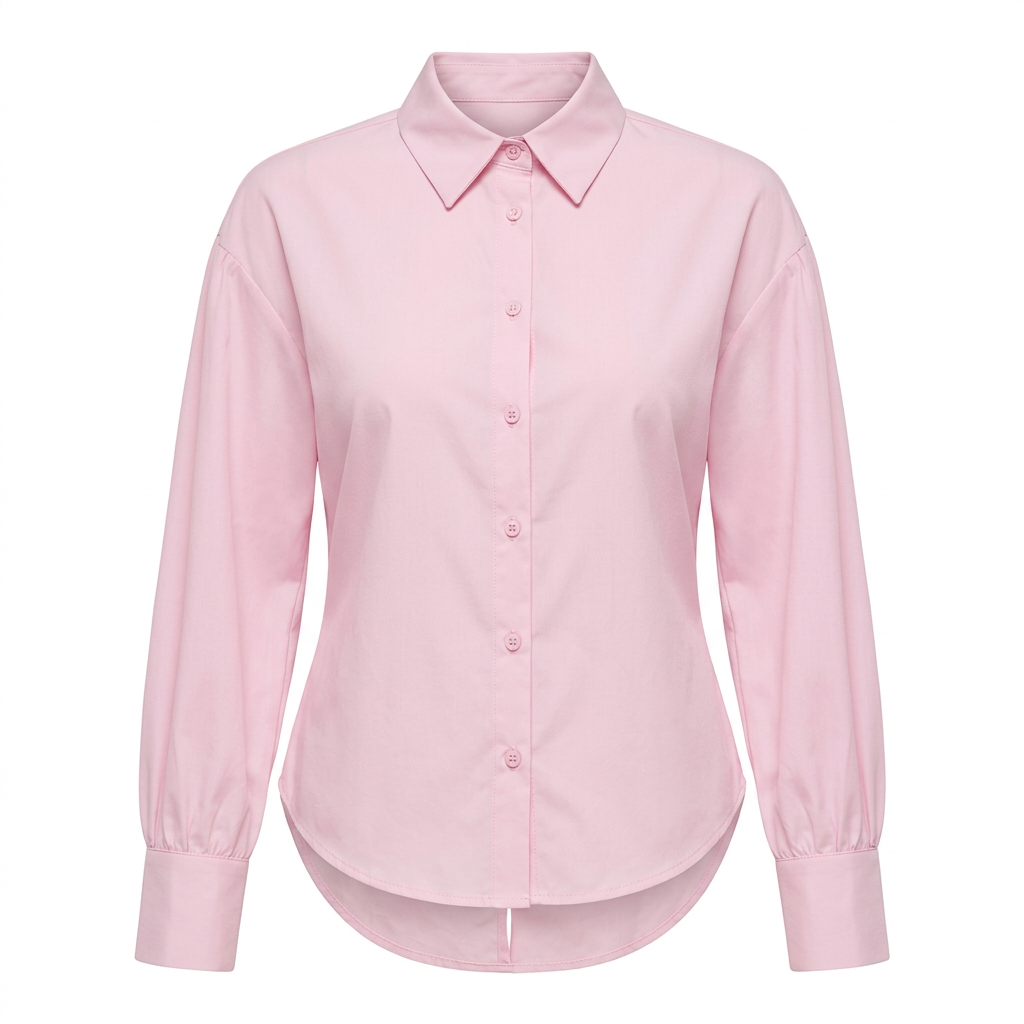 Soft pink collared blouse with bishop sleeves on an invisible mannequin against white