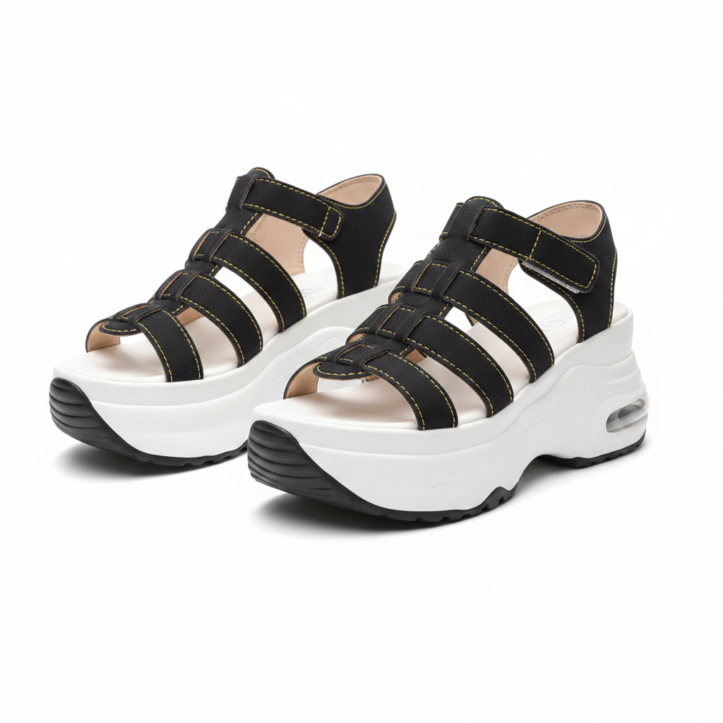 Women's black multi-strap velcro sport platform sandals ghost mannequin pair view