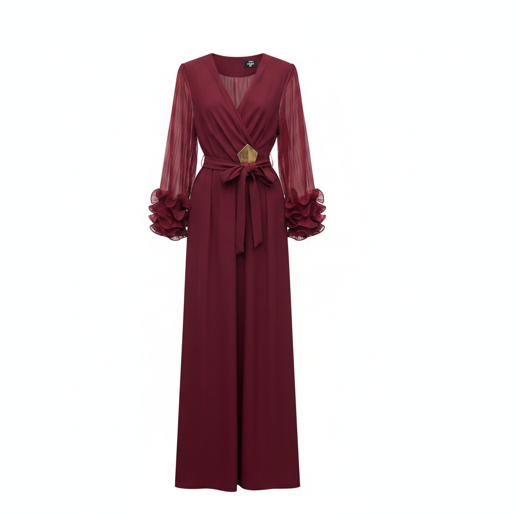 Women's long-sleeve ruffle-cuff wrap maxi dress in burgundy – ghost mannequin front view