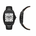 Women's black PVD tonneau watch crystal heart dial — ghost mannequin front and side view, black leather strap