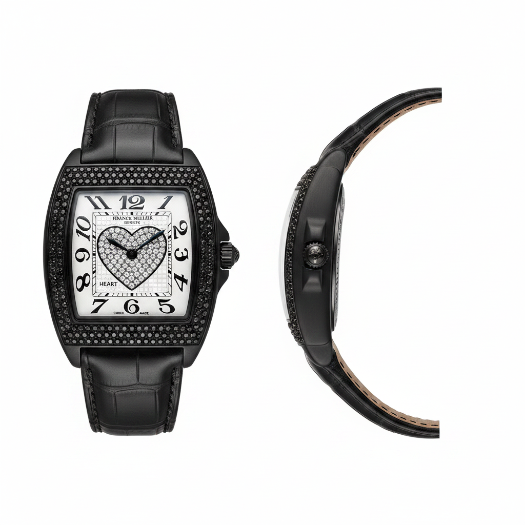 Women's black PVD tonneau watch crystal heart dial — ghost mannequin front and side view, black leather strap