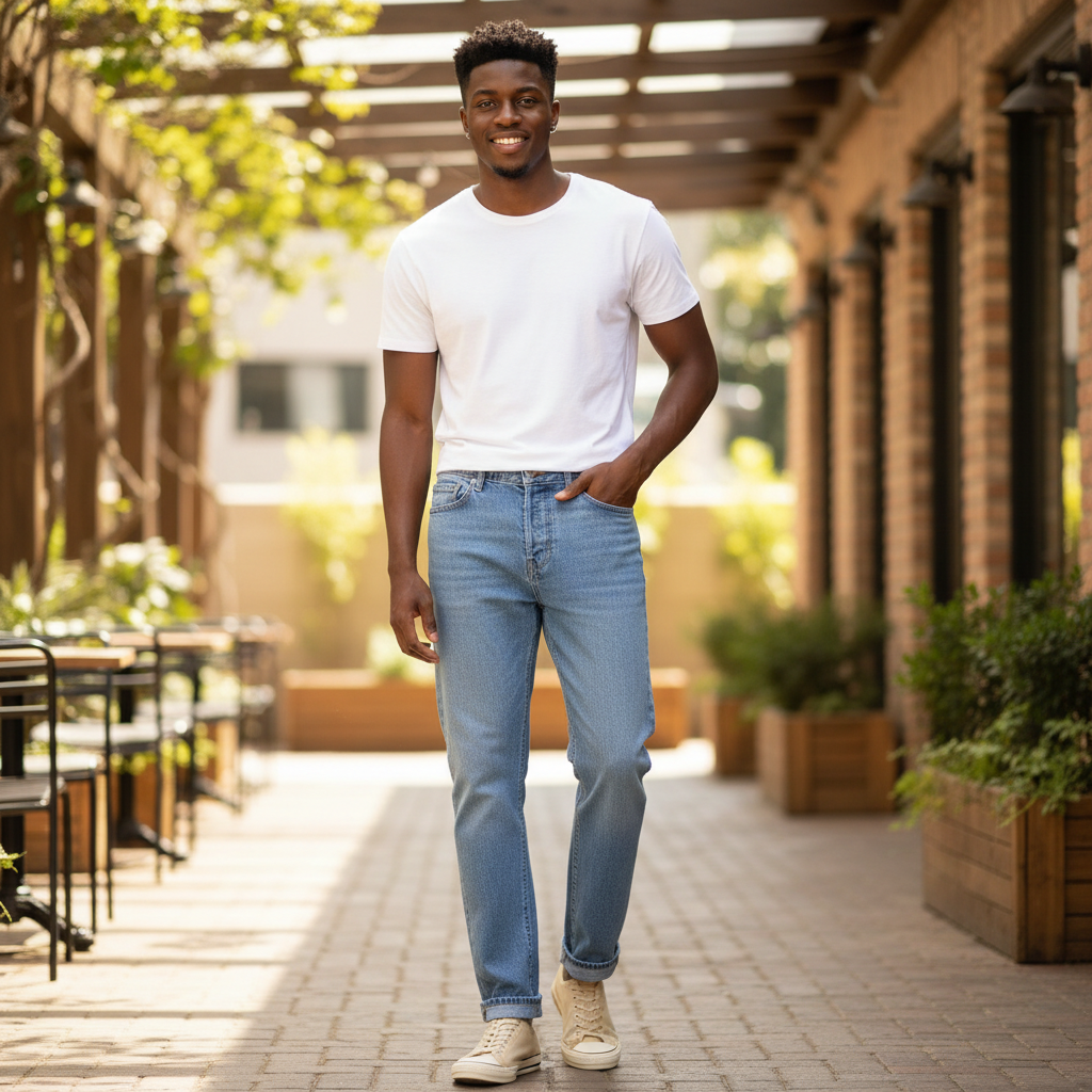 Nigerian model wearing Light Blue Washed Relaxed Straight-Leg Micro-Pattern Tonal Jeans