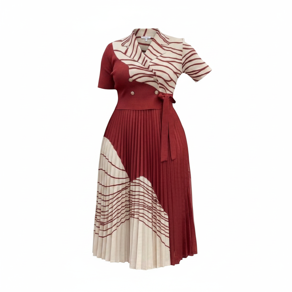 Women's burgundy colour-block striped pleated midi gown – ghost mannequin front view