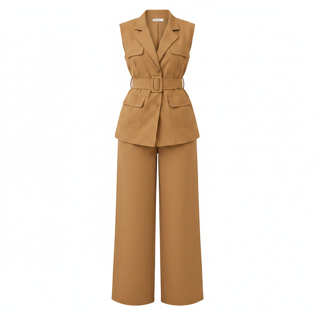Women's sleeveless belted blazer vest co-ord set in tan – ghost mannequin front view