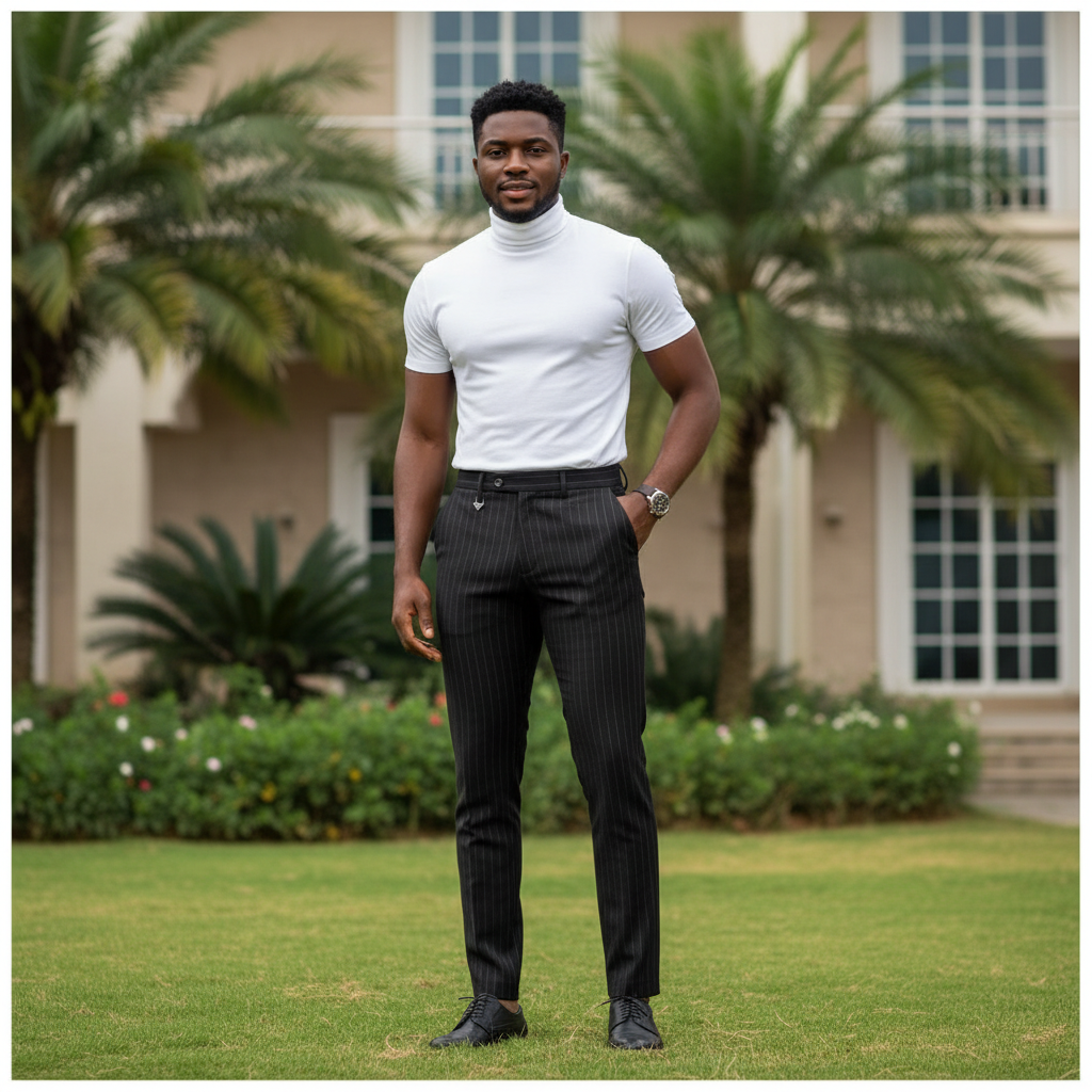 Nigerian male model wearing black pinstripe slim fit dress trousers in upscale outdoor setting