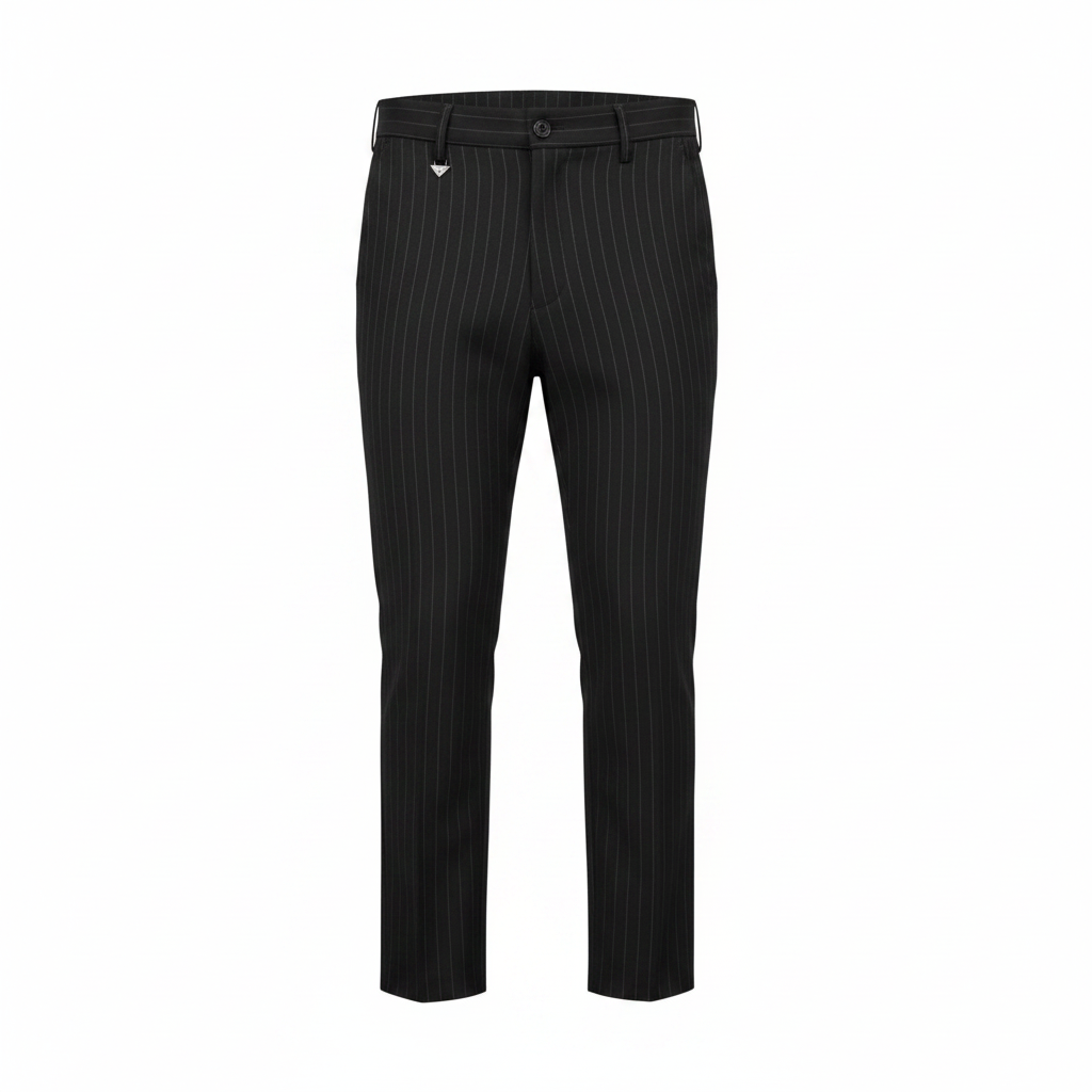 Ghost mannequin front view of black pinstripe slim fit dress trousers with triangle logo hardware
