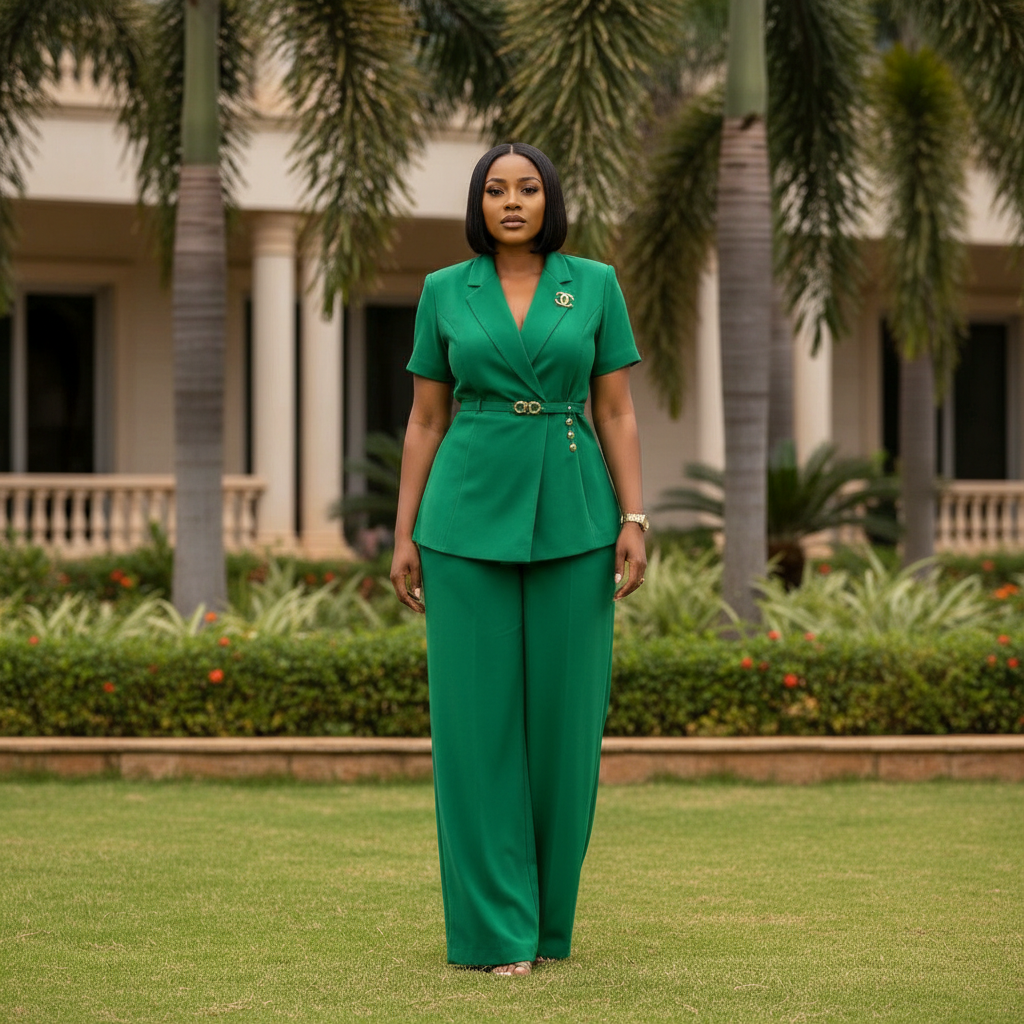 Women's short-sleeve belted blazer co-ord set in green – Nigerian female model front view