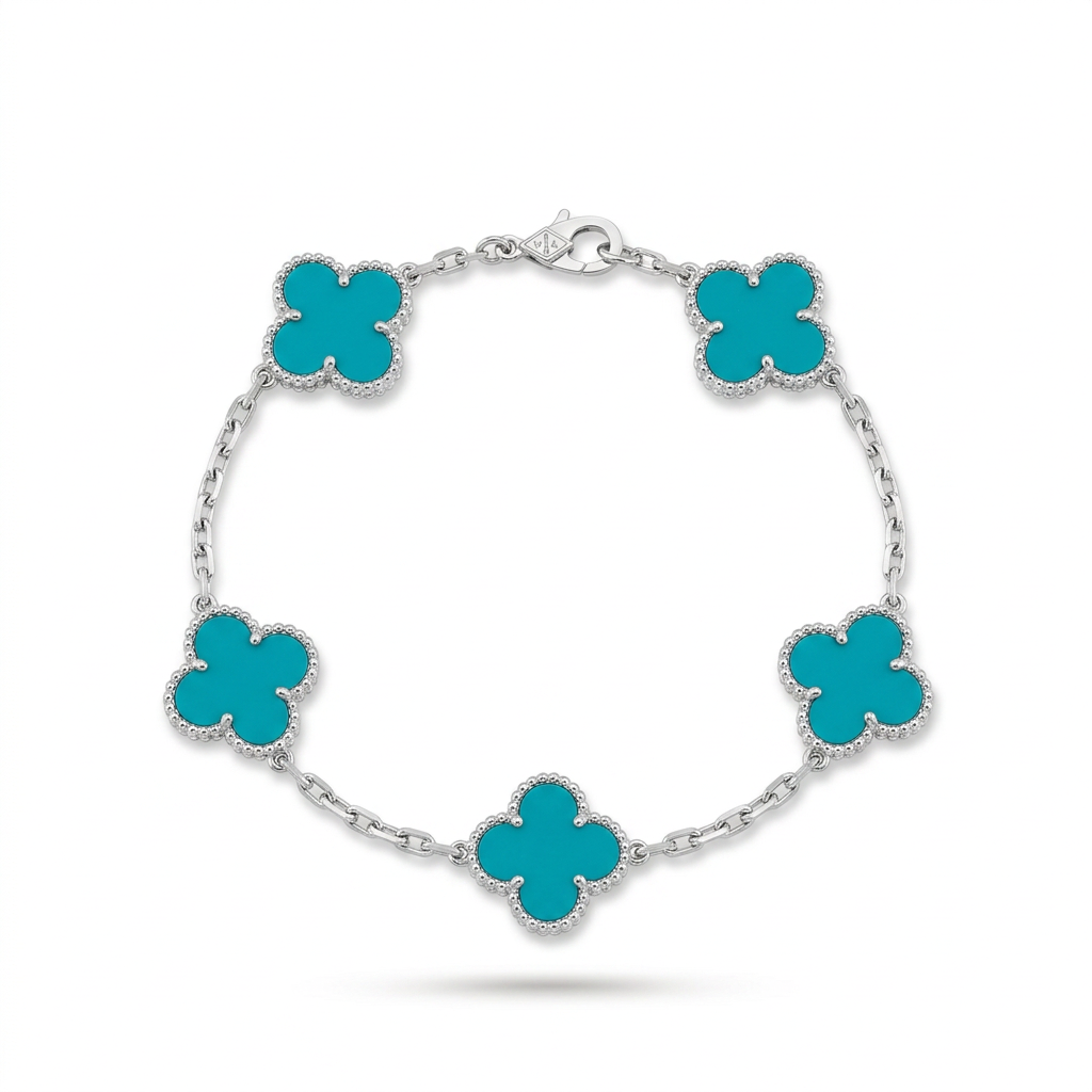 Silver-tone five-clover turquoise-colour bracelet on white