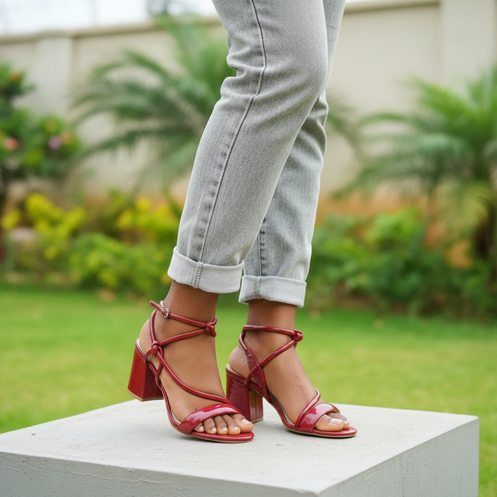 Nigerian female model wearing red patent leather knotted strap block heel sandals