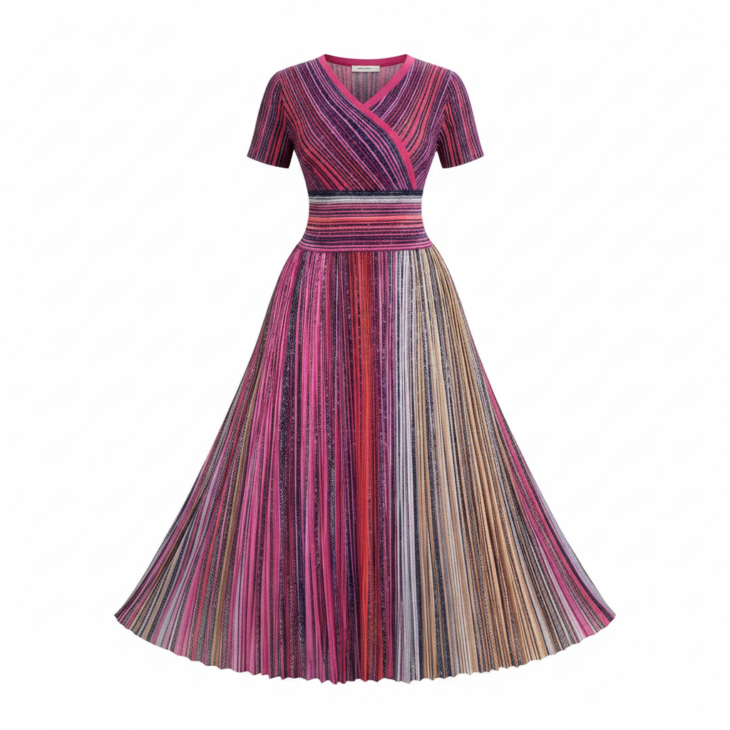Women's multicolour striped wrap midi dress – ghost mannequin front view
