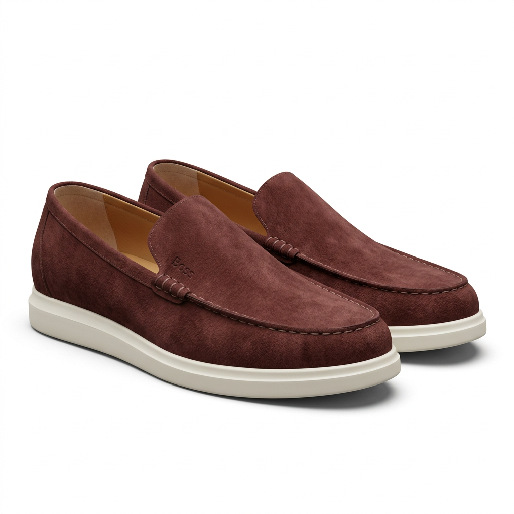 Pair of burgundy apron-toe contrast-sole loafers on white background