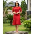 Women's Red Structured Pleated Waist Flared Midi Dress – Nigerian Female Model Shot