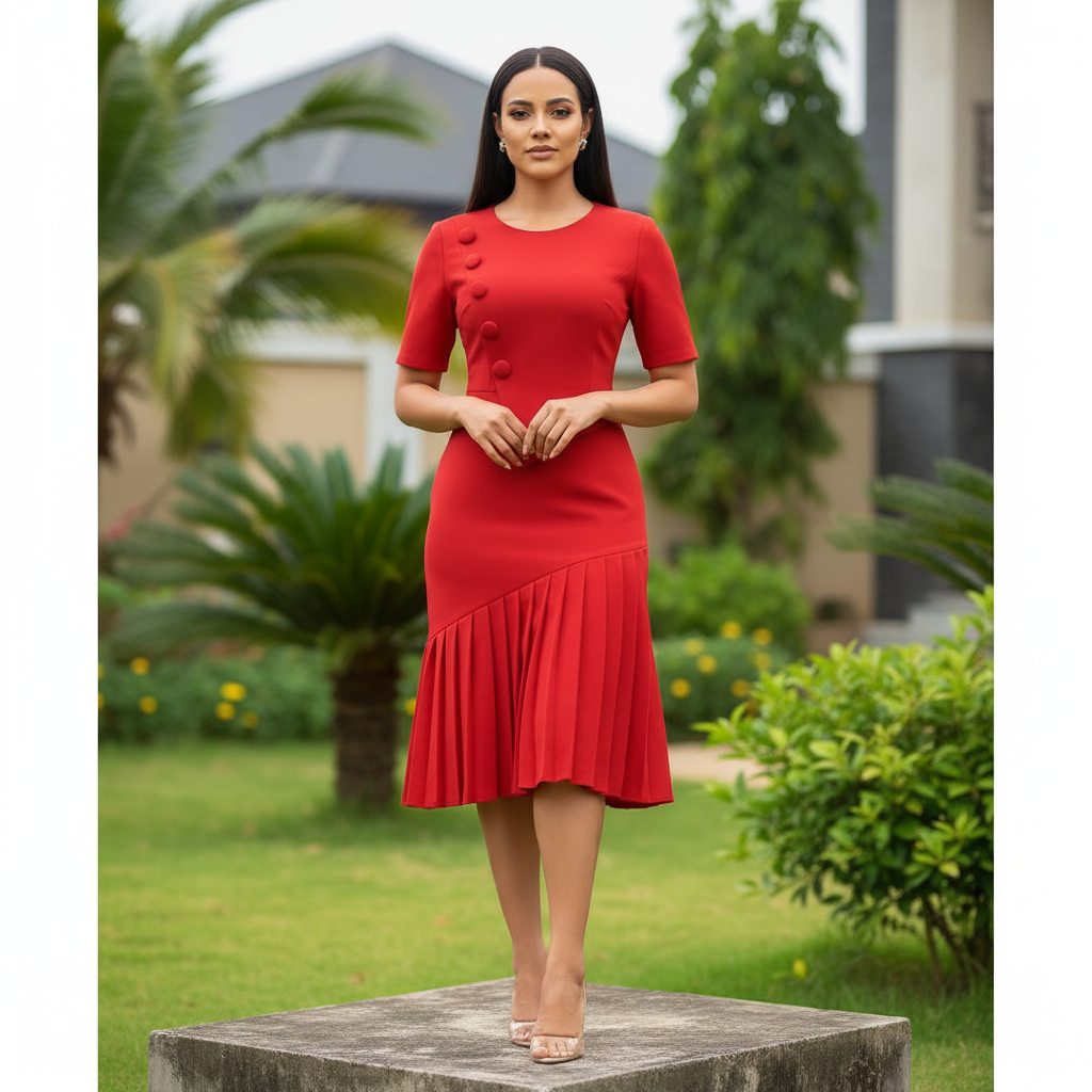 Women's Red Structured Pleated Waist Flared Midi Dress – Nigerian Female Model Shot
