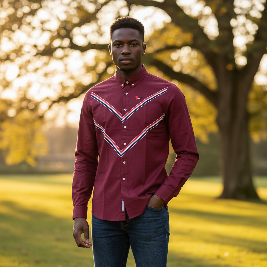 Nigerian model wearing Burgundy Oxford Chevron Stripe Shirt