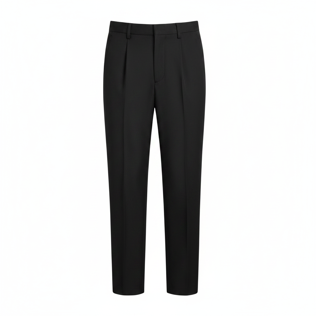 Black Pleated Tapered Trousers - Ghost Mannequin Front