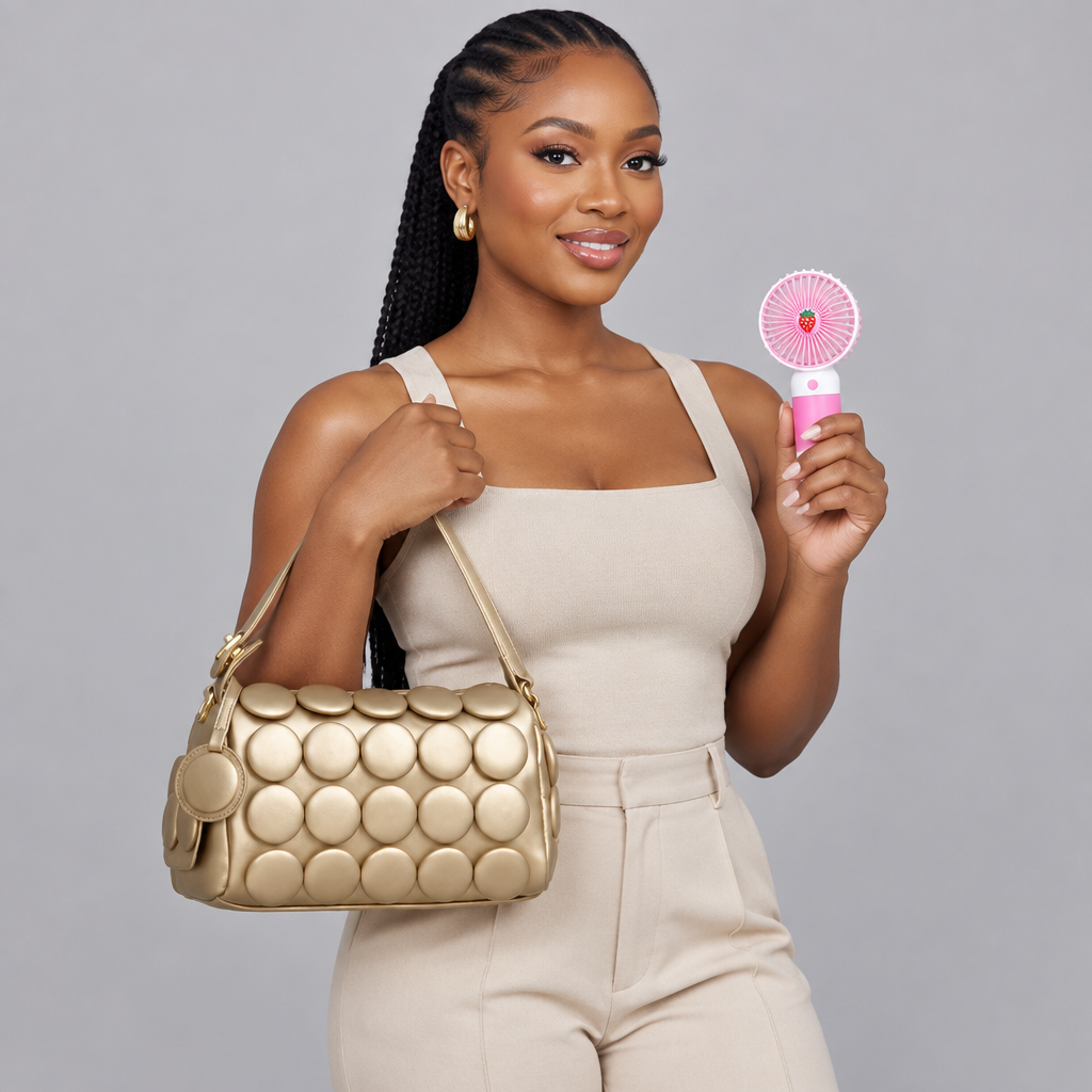 Nigerian woman carrying champagne-gold circle-appliqué shoulder bag and holding pink handheld fan