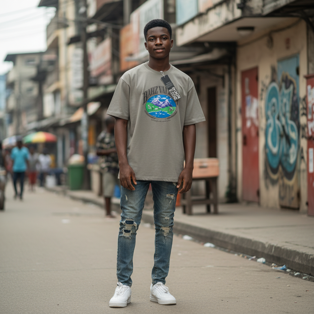 Young Nigerian teen wearing grey mountain landscape graphic oversized tee