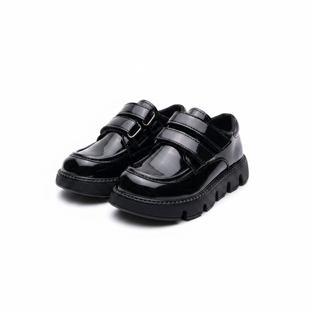Kids' black patent leather chunky loafer school shoes with double velcro strap — ghost mannequin complete pair