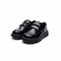 Kids' black patent leather chunky loafer school shoes with double velcro strap — ghost mannequin complete pair