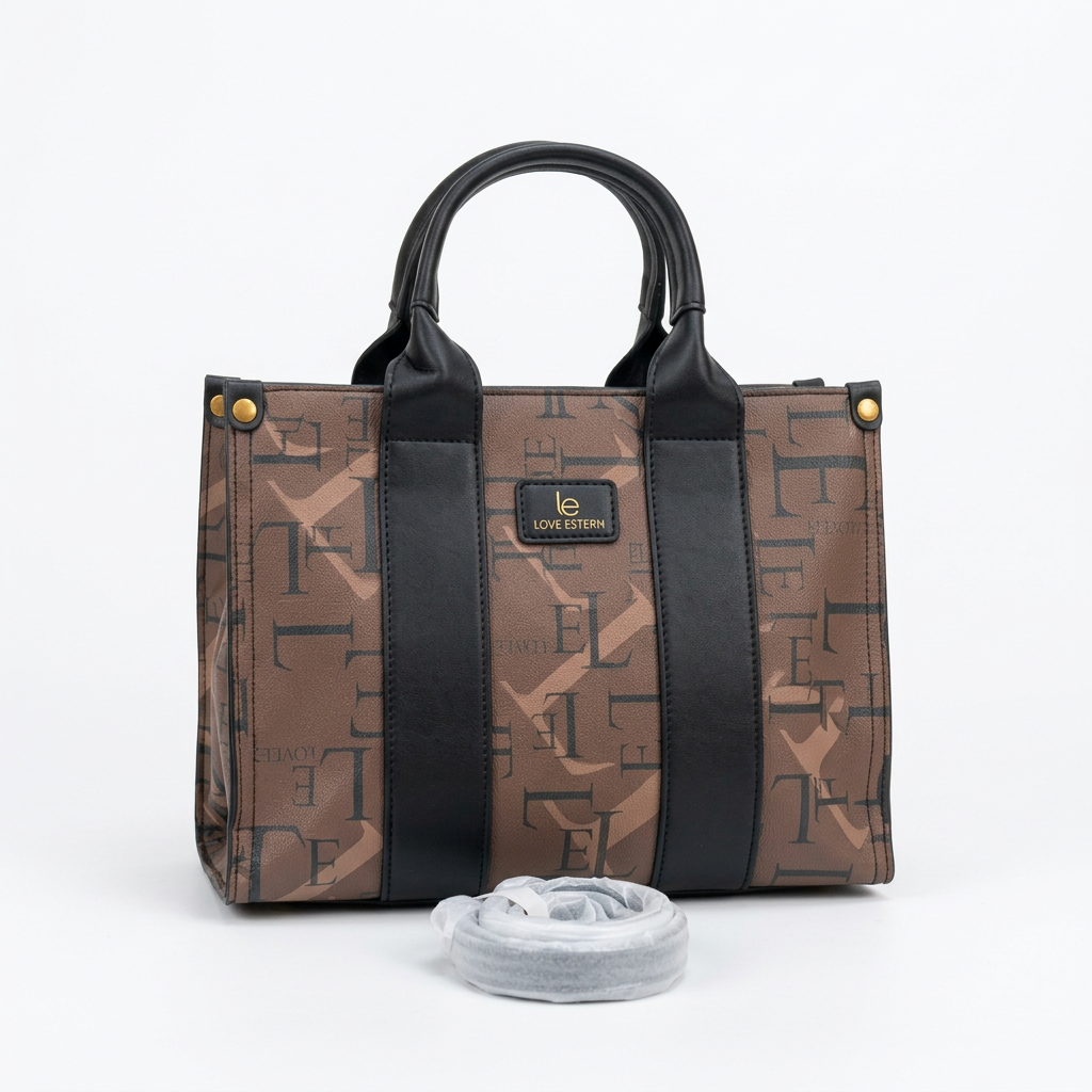 Brown patterned tote bag with black double handles and matching wrapped strap on a white background