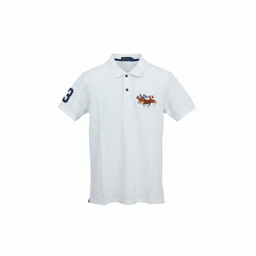 White short sleeve polo shirt with equestrian embroidery ghost mannequin front view on white background