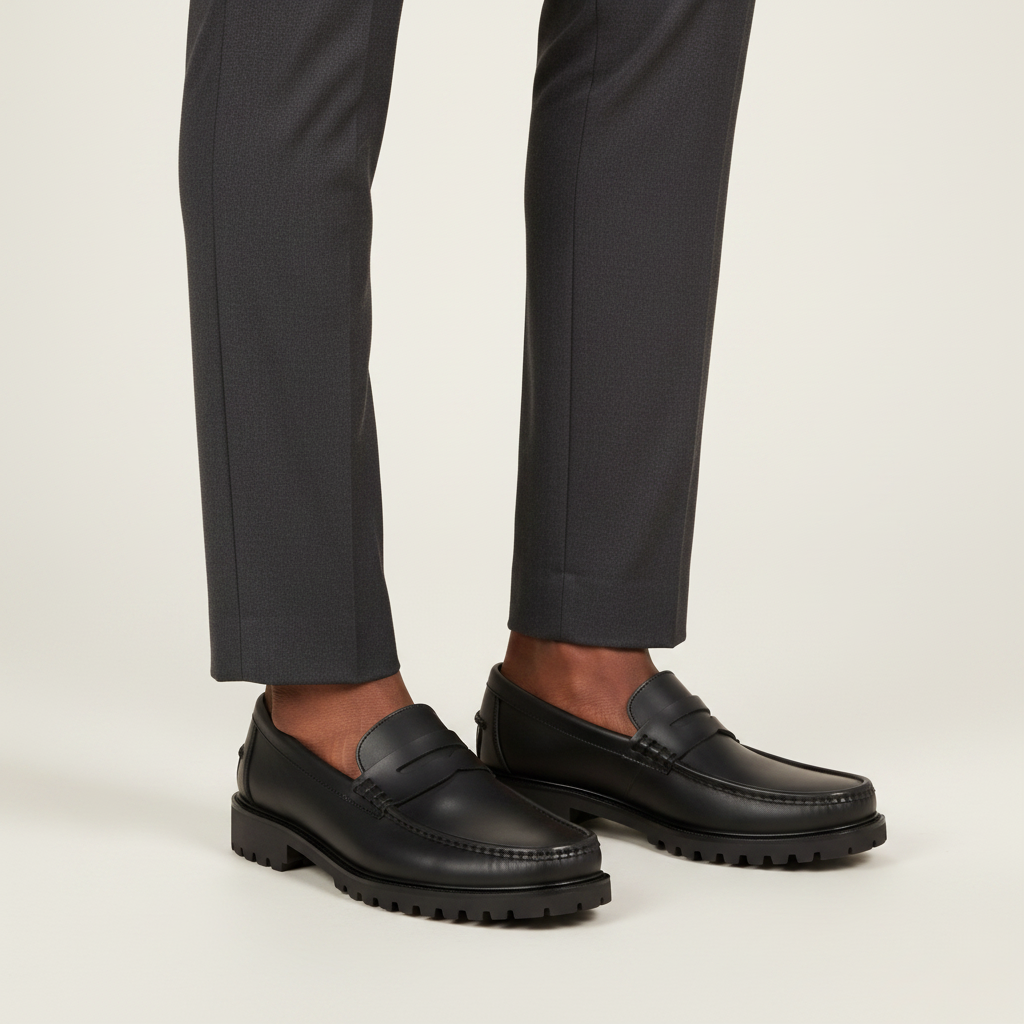 Man wearing black leather penny loafers with tapered grey trousers