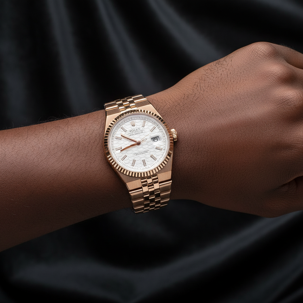 Nigerian man wearing rose gold Oyster Perpetual fluted bezel watch with honeycomb dial, wrist close-up