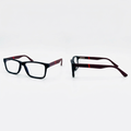 Black rectangular clear-lens eyeglasses with burgundy arms, front and side views