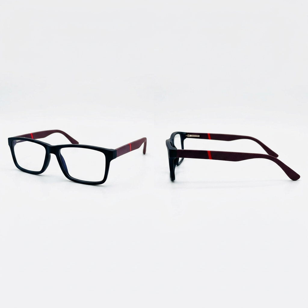 Black rectangular clear-lens eyeglasses with burgundy arms, front and side views