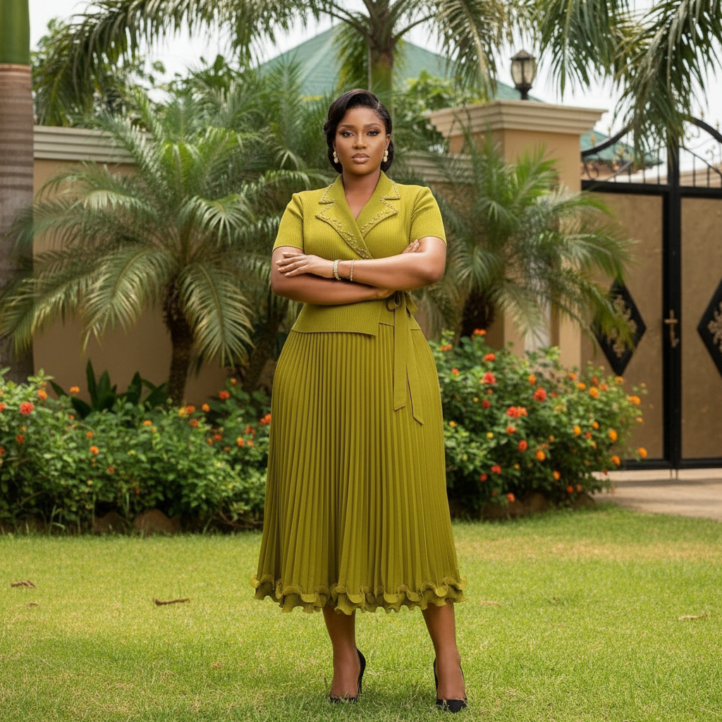 Nigerian female model wearing chartreuse yellow-green pleated midi gown set in upscale garden setting