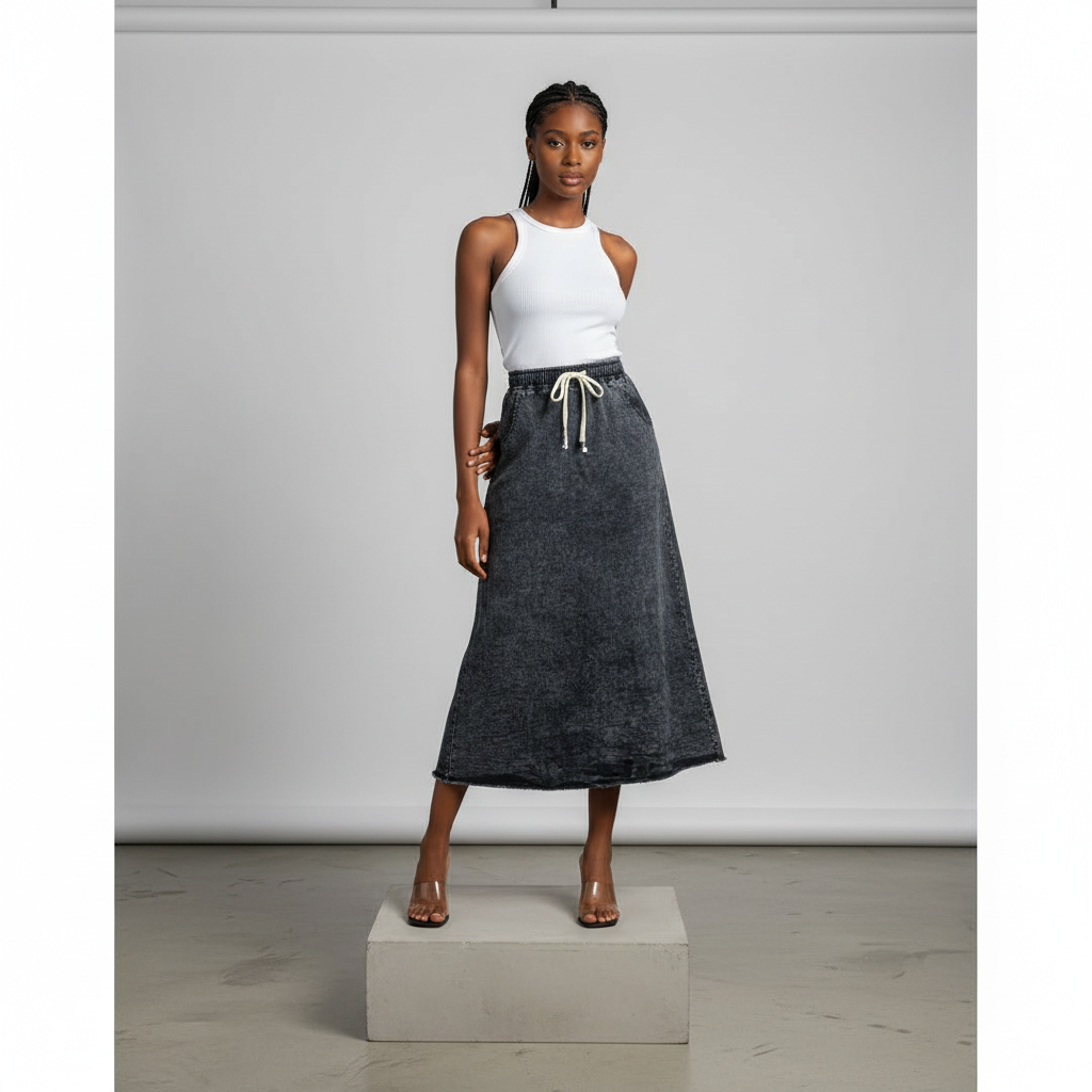 Dark Grey Snow Wash Crinkle Denim Midi Skirt - Model Shot