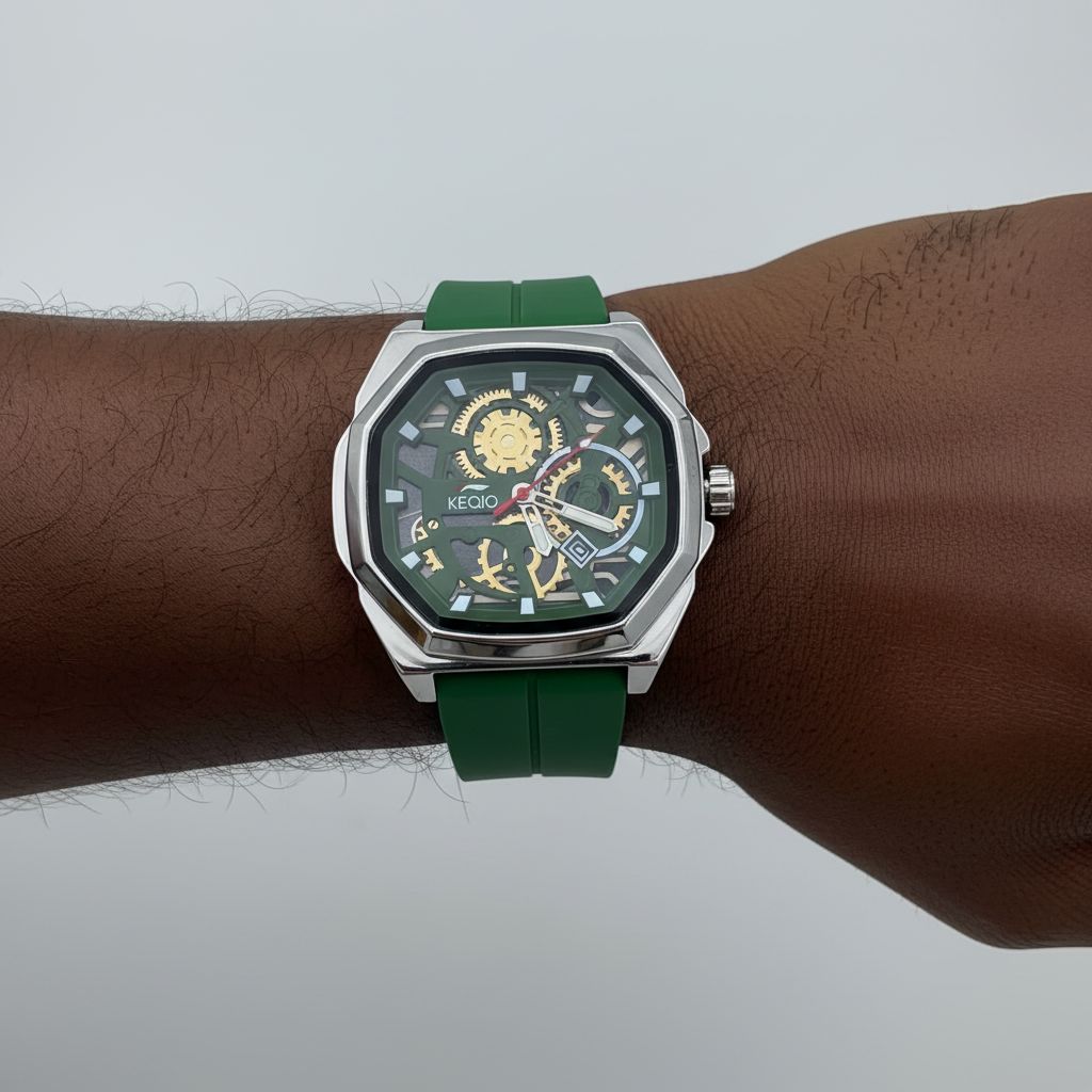 Silver case green skeleton-style wristwatch worn on a Black man's wrist