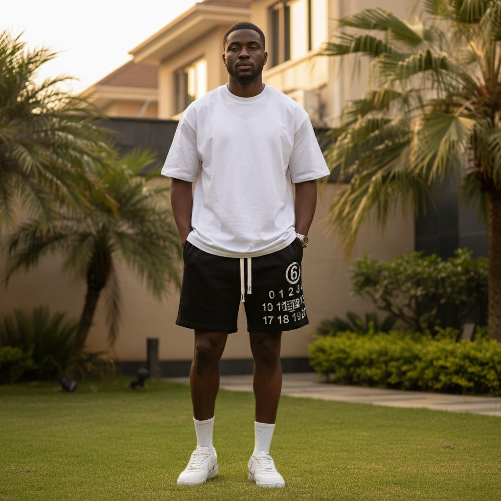 Nigerian male model wearing black number print fleece drawstring shorts in upscale outdoor setting