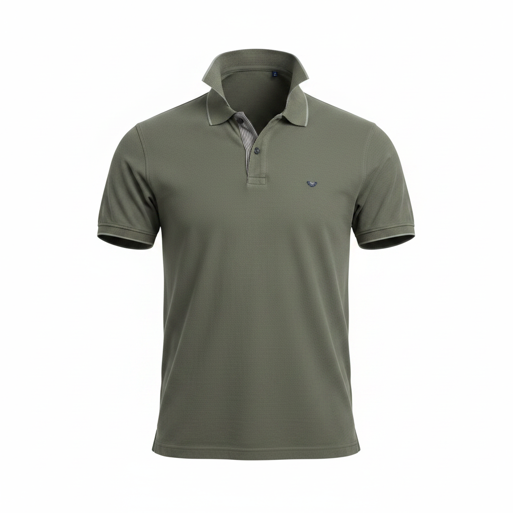 Olive green contrast collar polo shirt ghost mannequin view