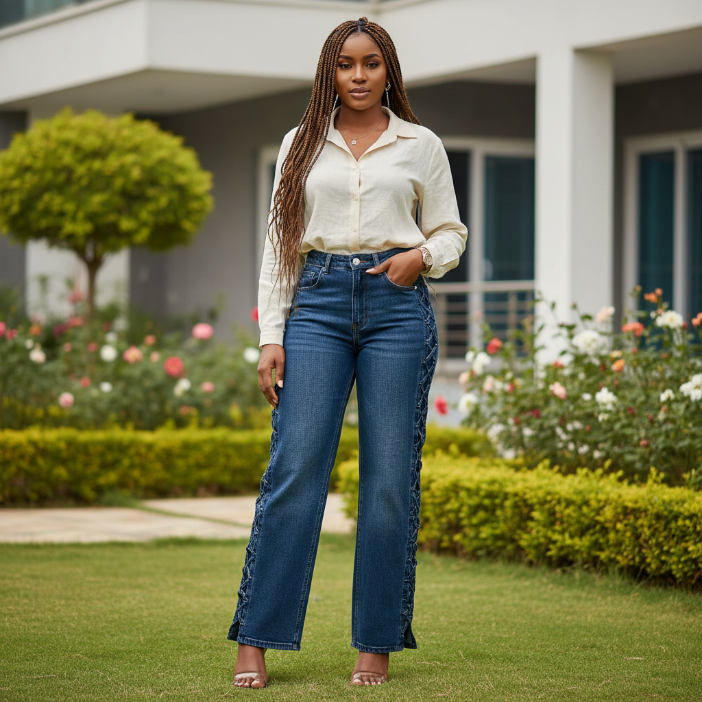 Model shot — Women's Dark Blue Denim Jeans with Lattice Lace-Up Side Detail