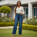 Model shot — Women's Dark Blue Denim Jeans with Lattice Lace-Up Side Detail