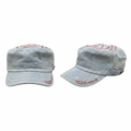 Light wash denim military cadet cap with red flame graphic print – ghost mannequin front and side view