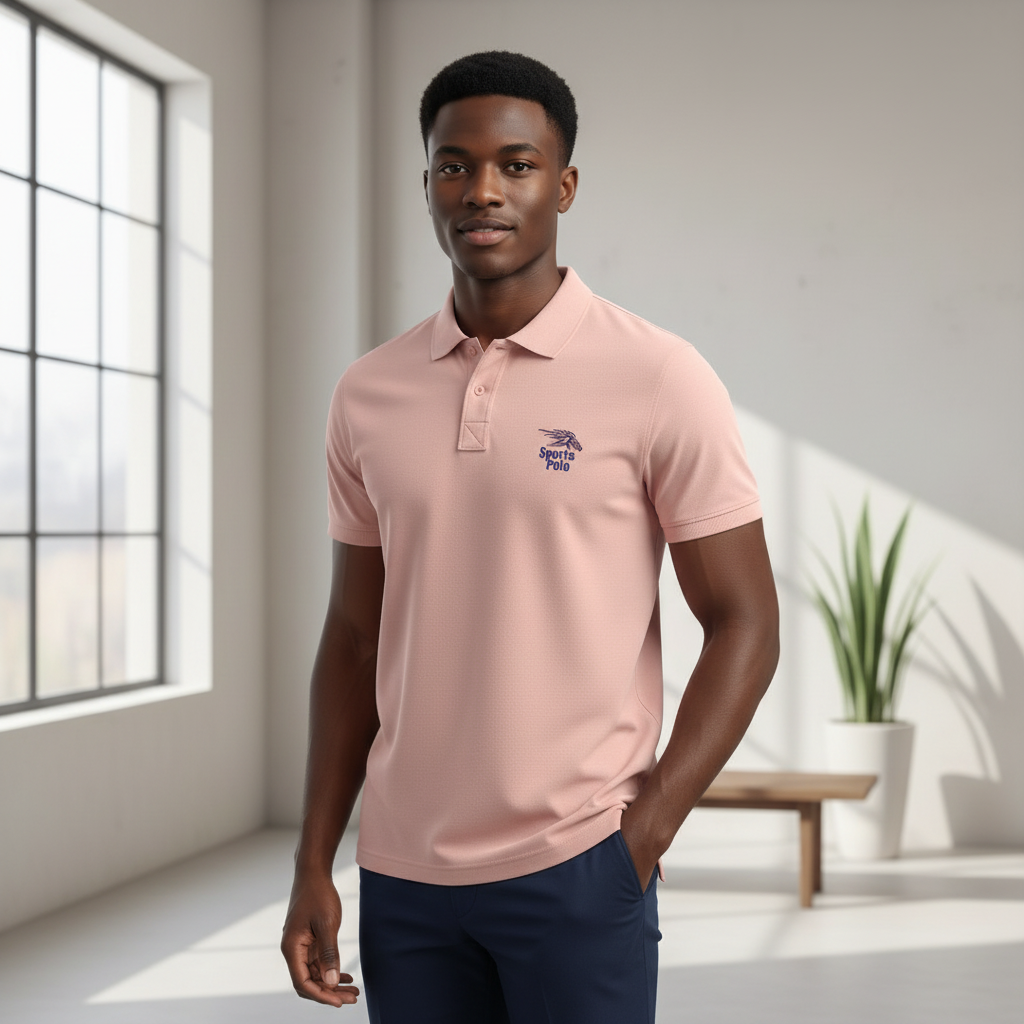 Young Nigerian male model wearing blush pink classic polo shirt