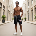 Young Nigerian male model wearing Deep Breath Floral Butterfly Black Shorts