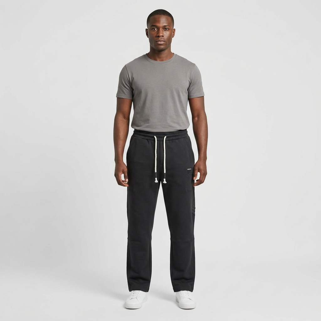 Adult Black model wearing dark charcoal straight-leg joggers with white rope drawstrings