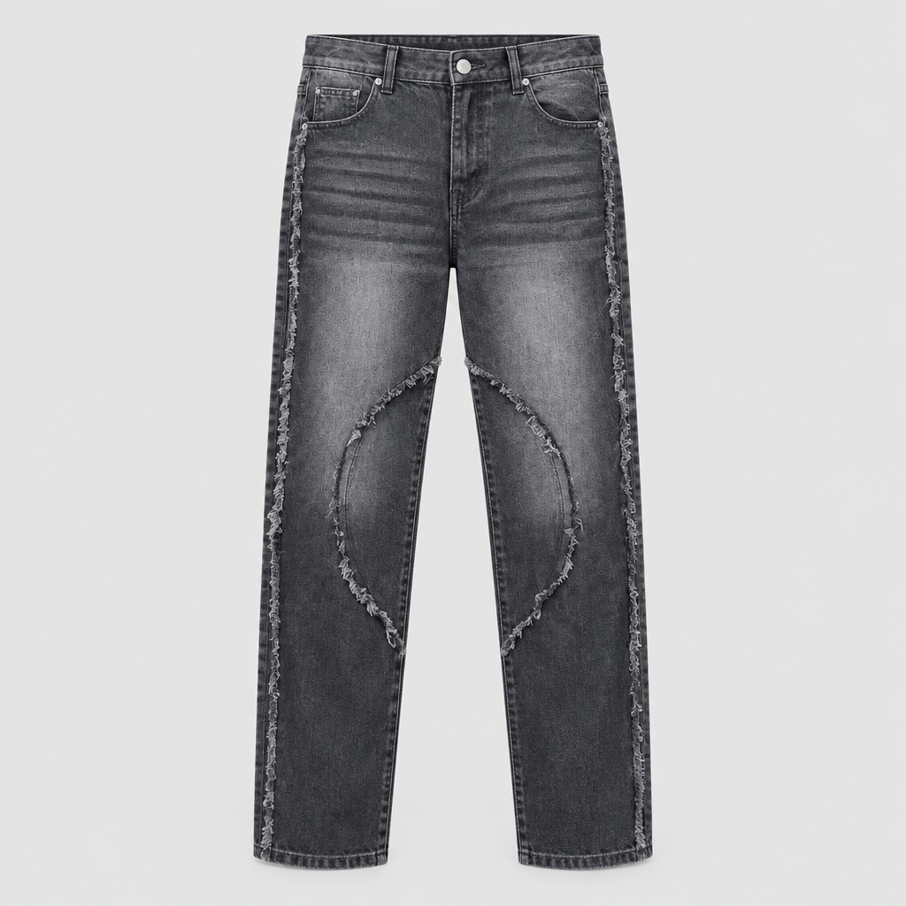 Charcoal-grey straight jeans with curved raw-edge knee panels