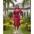 Women's Magenta Wrap-Front Pleated Hem Bodycon Midi Dress - Nigerian Female Model