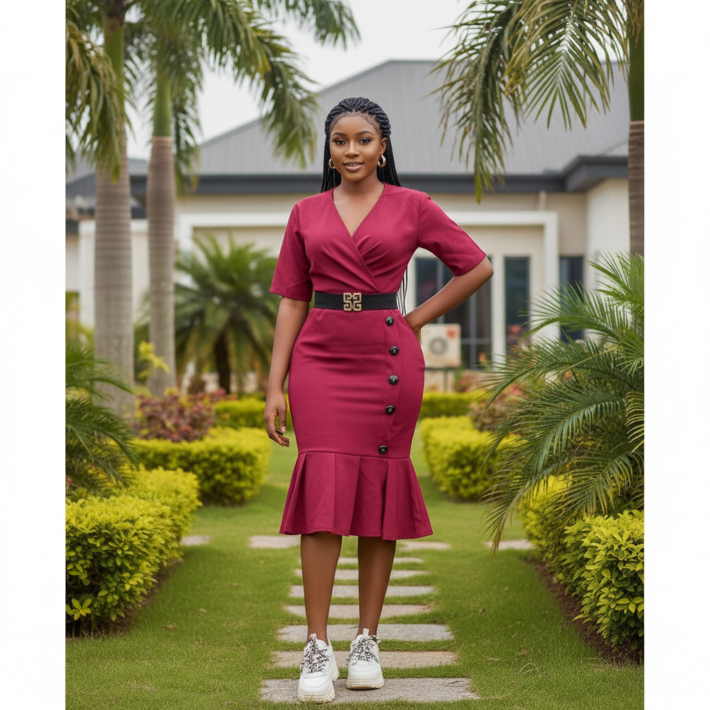 Women's Magenta Wrap-Front Pleated Hem Bodycon Midi Dress - Nigerian Female Model